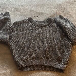 Metallic Gray Ribbed Crewneck Crop Sweater - Women